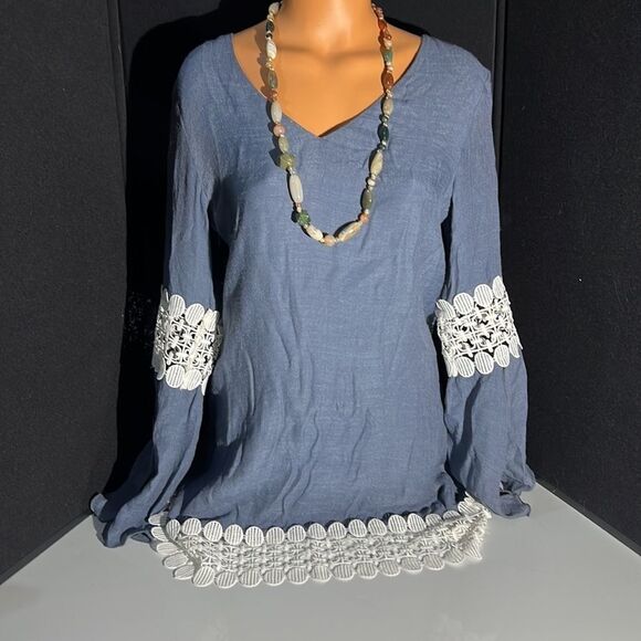 Union of Angels Blue Boho Dress / Long Top with White Trim Size Small - Picture 4 of 13